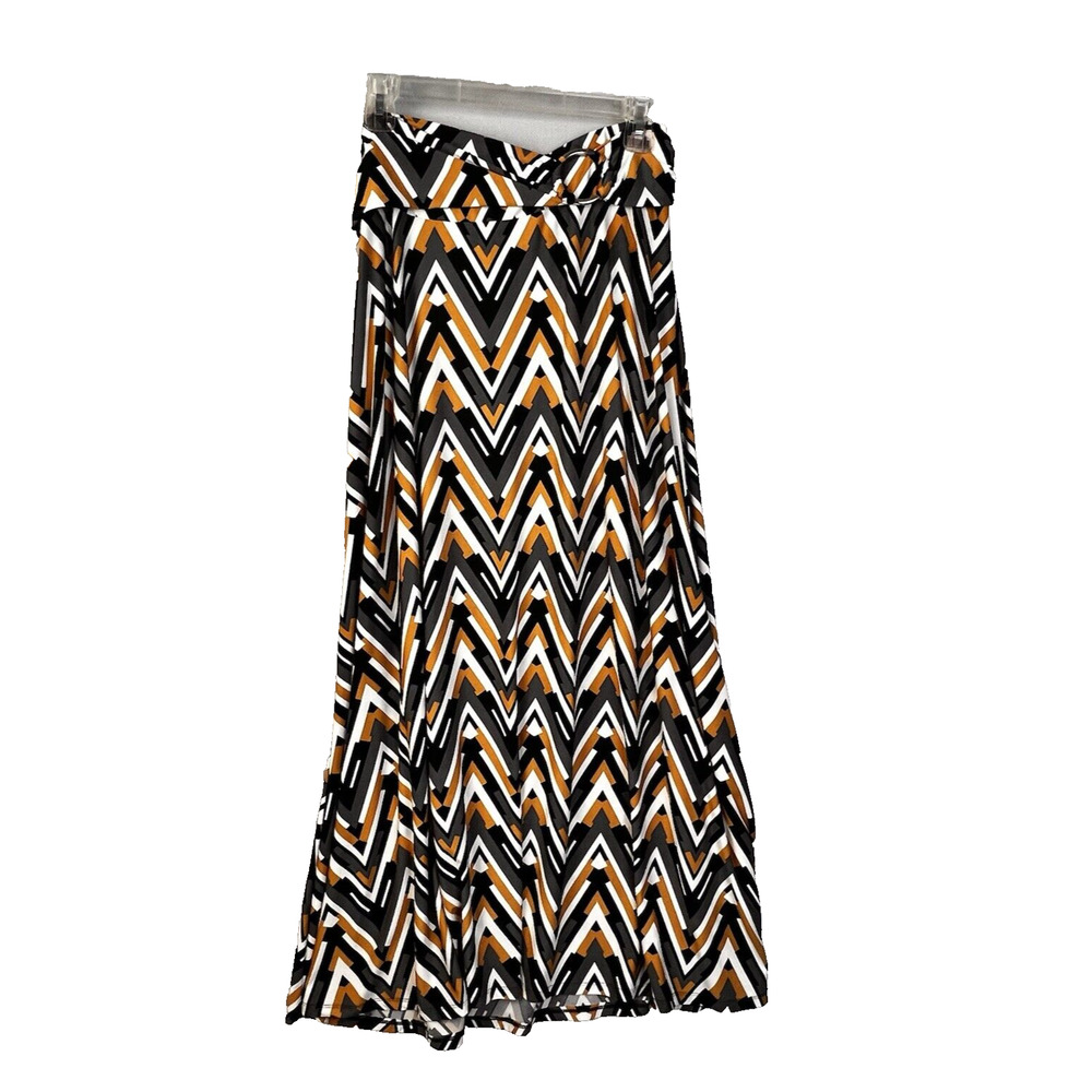 Robert Maxi Skirt Women's Large Black Gold Graphic Long Stretch Boho Night Out